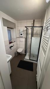 ein Badezimmer mit Glasdusche und Toilette in der Unterkunft Nest & Rest Homes in Weiterstadt