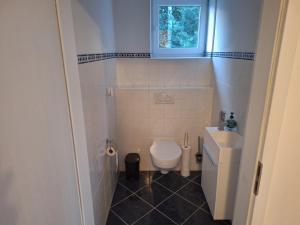 a small bathroom with a toilet and a sink at Familienwohnung Emprechting in Emprechting