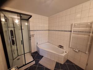 a bathroom with a shower and a bath tub at Familienwohnung Emprechting in Emprechting