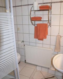 a bathroom with a toilet and a sink and towels at Am Hang - ABC163 - nur Feriengäste! in Pinnow +11 photos