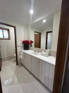 a bathroom with a sink and a large mirror at The little beach house in Tuross Heads