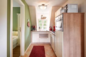 a small kitchen with a refrigerator and a red rug at Entennest im Witthüs in Nieblum