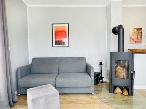 a living room with a couch and a fireplace at Apartment Priwall Teichhof Fehmarn in Wenkendorf