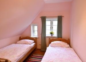 two beds in a room with pink walls and a window at Im Apfelgarten in Oldsum