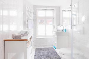 a white bathroom with a shower and a toilet at Amoy - Werftstraße 2 in Heiligenhafen +10 photos