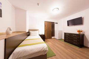 Un dormitorio con una cama y un televisor de pantalla plana. en Crema Residence, en Alba Iulia