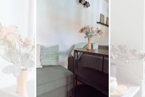 two pictures of a room with a table and flowers at Niedere Burgstraße - im Herzen der Altstadt in Pirna +24 photos