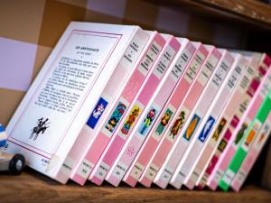een stapel boeken op een plank bij greet Hotel Reims Tinqueux in Reims