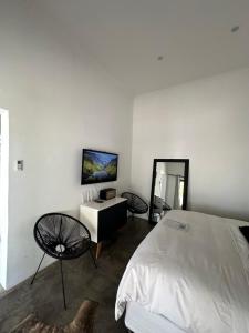 a bedroom with a bed and a tv on a wall at White House Cottage in Koekoeb