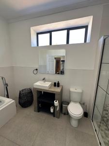 a bathroom with a toilet and a sink and a mirror at White House Cottage in Koekoeb +17 photos