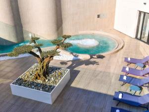 een bonsaiboom in een zwembad met blauwe stoelen bij ibis styles La Rochelle Thalasso Chatelaillon in Châtelaillon-Plage