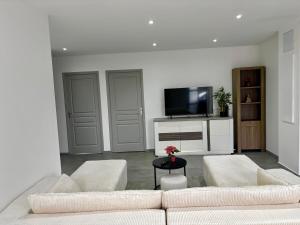 a living room with a white couch and a tv at LA RDC Villa 3 ch jacuzzi Saint-Pierre in Saint-Pierre