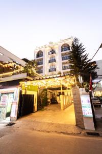 a building with christmas lights in front of it at Tulsi Kathmandu Hotel in Kathmandu