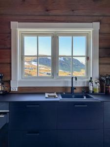a kitchen with two windows and a sink at Spectacular Cabin With View In Jotunheimen in Eidsbugarden