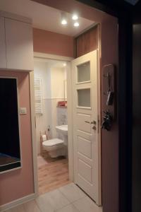a bathroom with a toilet and a white door at Wygodne mieszkanie dla dwojga in Bystrzyca Kłodzka