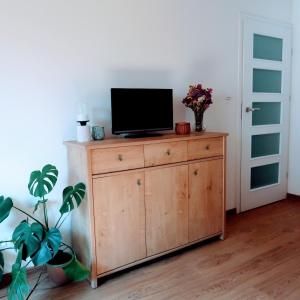 a television on top of a wooden dresser in a room at Wygodne mieszkanie dla dwojga in Bystrzyca Kłodzka