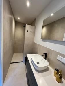a bathroom with a white sink and a shower at B&B Mirre in Kapelle