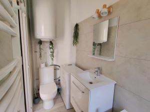 een witte badkamer met een toilet en een wastafel bij La lueur boréale in Belfort