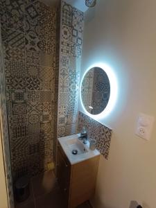 a bathroom with a sink and a shower with a mirror at Le studio des quais in Bergerac