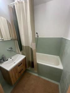 een badkamer met een wastafel, een bad, een toilet en een douche bij Malý apartmán na Šumavě in Horní Vltavice