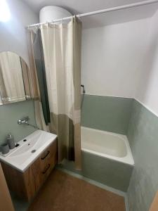 a bathroom with a sink and a tub and a shower at Malý apartmán na Šumavě in Horní Vltavice +9 photos