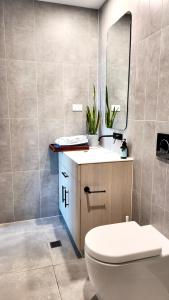 een badkamer met een toilet, een wastafel en een spiegel bij Premium Twin King Ensuite plus Double sofa bed - Mcity shopping center - Clayton - Monash University and Hospitals - Super Fast Wifi - Free Parking & Amenities - Complementary drinks & coffee in Clayton North