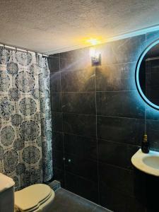 a bathroom with a toilet and a shower and a sink at Μateo suite in Levádeia +4 photos