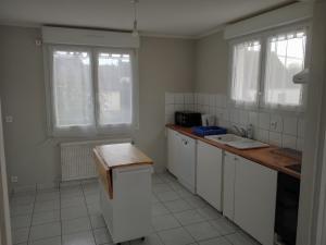 a kitchen with a counter and a sink and two windows at La Petite Maison Celtique in Saint-Nicolas-du-Pélem +2 photos