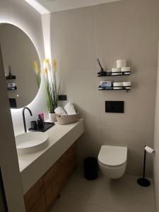 a bathroom with a toilet and a sink and a mirror at Apartment Mirakul in Šibenik