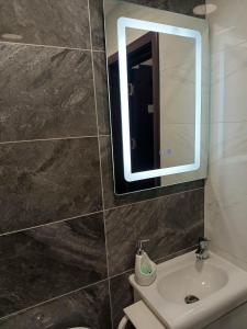 a bathroom with a sink and a mirror at Studio Kath&Darc in Ruse