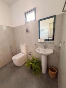 a bathroom with a toilet and a sink and a mirror at Red Heritage Hiriketiya in Dickwella