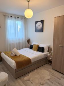 een slaapkamer met een groot bed in een kamer bij Le Cocon Bright Large TV Free parking in Fleury-les-Aubrais