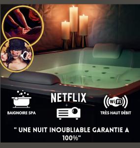 Een advertentie voor een badkuip met een foto van iemand die een foto maakt. bij Suite craz'in Love Room, jacuzzi, cinéma, Camargue in Beaucaire
