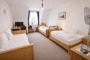 a room with two beds and a couch at Pension Ursula in Pfaffstätten