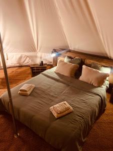 een bed in een tent met twee handdoeken erop bij Moulin de Saza in Le Vigeant +82 foto's