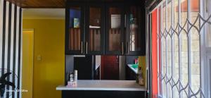 una cucina con un bancone e alcune vetrine di Station Home a Città del Capo Altre 85 foto