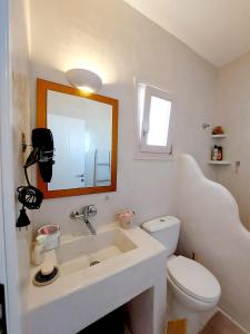 a bathroom with a sink and a toilet and a mirror at Parostalkinghouse in Piso Livadi