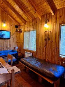 een kamer met een bank in een houten muur bij Parajes del lejano sur Cabaña El Patacón in Moquehue