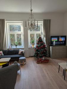 - un salon avec un arbre de Noël et un canapé dans l'établissement Vila Fontána s krytým bazénem, à Planá nad Lužnicí