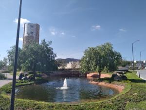 ein Teich in einem Park mit einem Springbrunnen in der Unterkunft House B Residential condominium with pool in Miranda