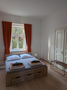 une chambre avec un grand lit avec une fenêtre dans l'établissement Vila Fontána s krytým bazénem, à Planá nad Lužnicí