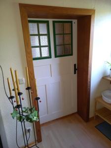 bagno con porta bianca e lavandino di Kleine Auszeit für nette Leute a Grebenhain