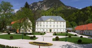 a large white building in front of a mountain at White Oak Loft in Schottwien