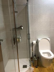 e bagno con servizi igienici e cabina doccia in vetro. di Chalé de Montanha a Vieira do Minho