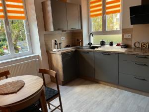 a kitchen with a table and a sink and a table and chairs at Chez F & G terrasse privée dans jardin - parking in Sélestat +4 photos
