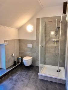 a bathroom with a toilet and a glass shower at Seeidyll Potzlower See in Potzlow +13 photos