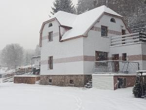 a house with snow on the roof of it at Apartmány 86 in Potŭčky +4 photos