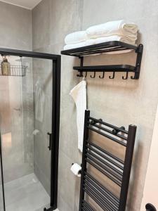 a bathroom with a shower and a towel rack at CENTRAL SQUARE Tuzla in Tuzla +71 photos