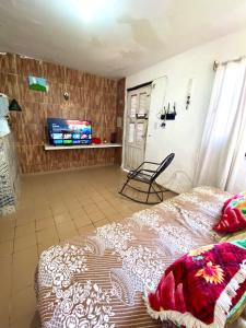 een slaapkamer met een bed en een flatscreen-tv bij Green House Cumbuco in Caucaia