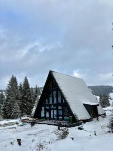 una baita di tronchi con tetto ricoperto di neve di Black Chalet 2 a Vârtop